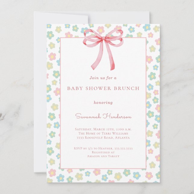 Floral Pink Bow Ribbon Baby Shower Brunch  Inbjudningar (Framsida)