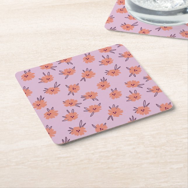Floral Pink Flowers Repeating Pattern Cute Girly Underlägg Papper Kvadrat (Vinklad)