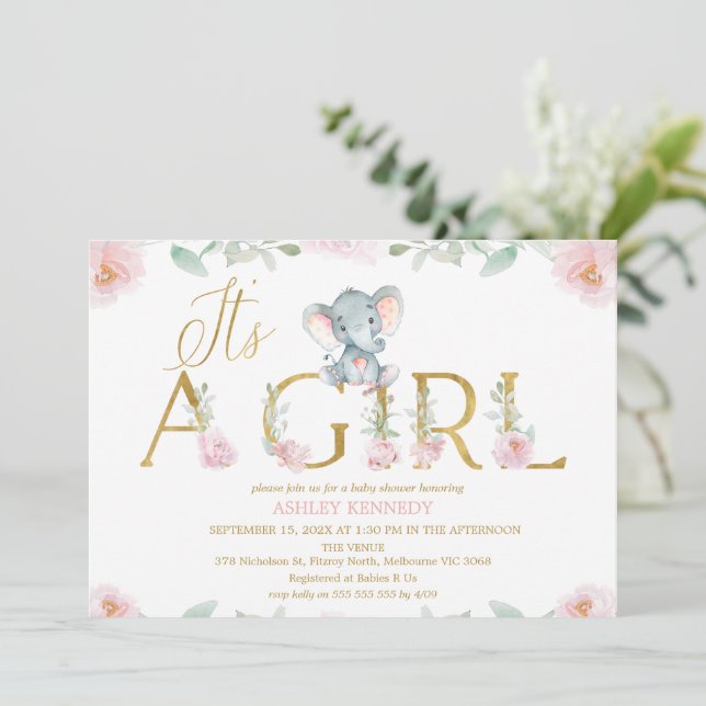 Floral Pink Girl Elephant Baby Shower Invitation Inbjudningar (Stående Fram)