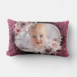 Floral Pink Gold Two Photo Baby Girl cute Lumbarkudde