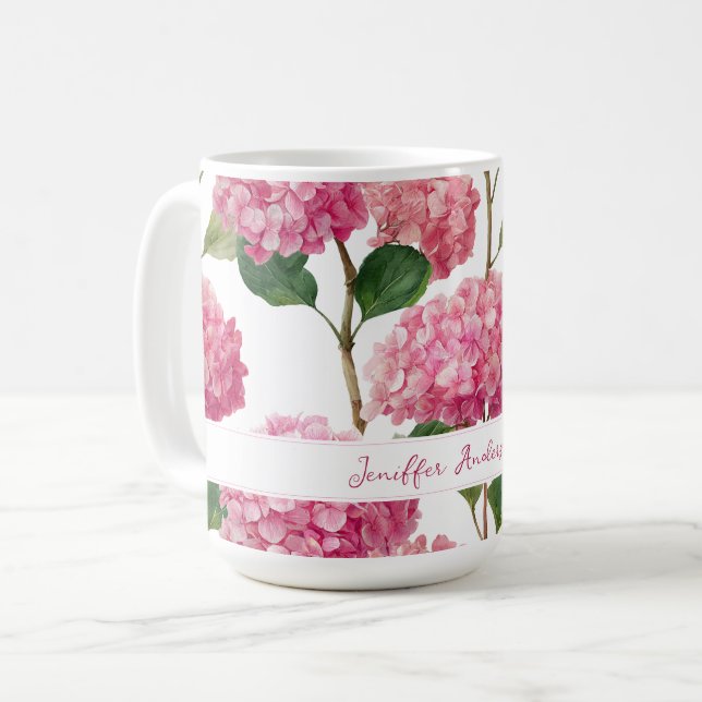 Floral Pink Hydrangea with Custom Name Kaffemugg (Framsida vänster)