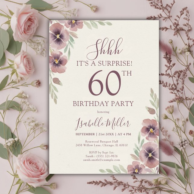 Floral Pink Mauve Surprise 60th Birthday Inbjudningar (Floral Pink Mauve Surprise 60th Birthday Invitation)