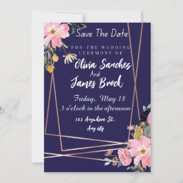 Floral pink Navy Blue Rustic Wedding  Inbjudningar