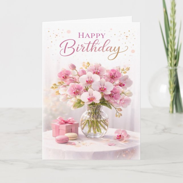 Floral Pink Orchid Elegant Birthday Kort (Framsida)