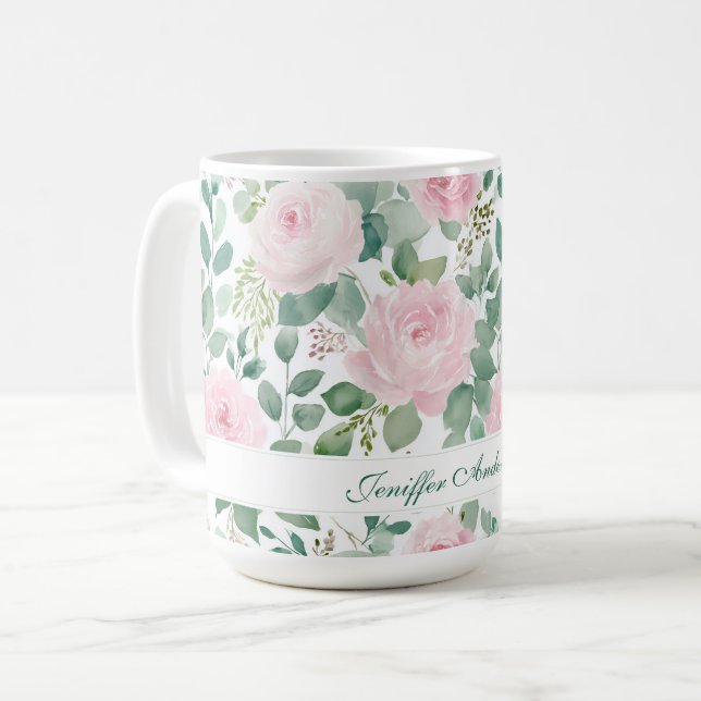Floral Pink Rose with Custom Name Kaffemugg (Framsida vänster)