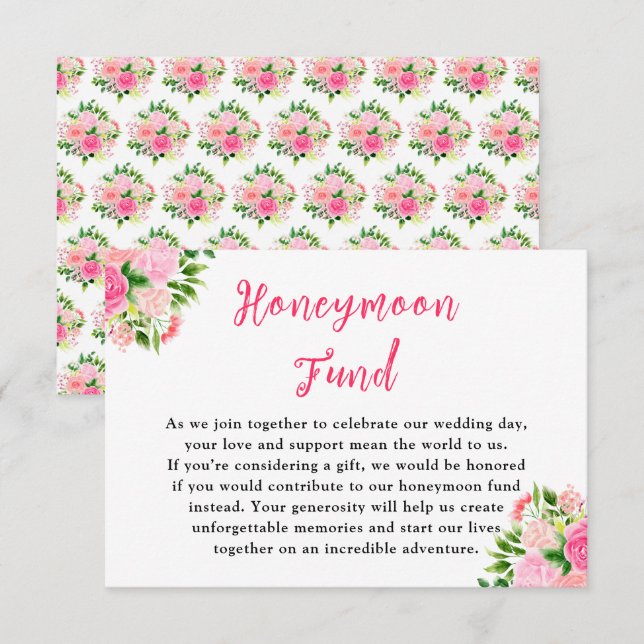 Floral Pink Roses Wedding Honeymoon Fund Tilläggskort (Fram/baksida)