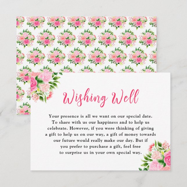 Floral Pink Roses Wedding Wishing Well Tilläggskort (Fram/baksida)