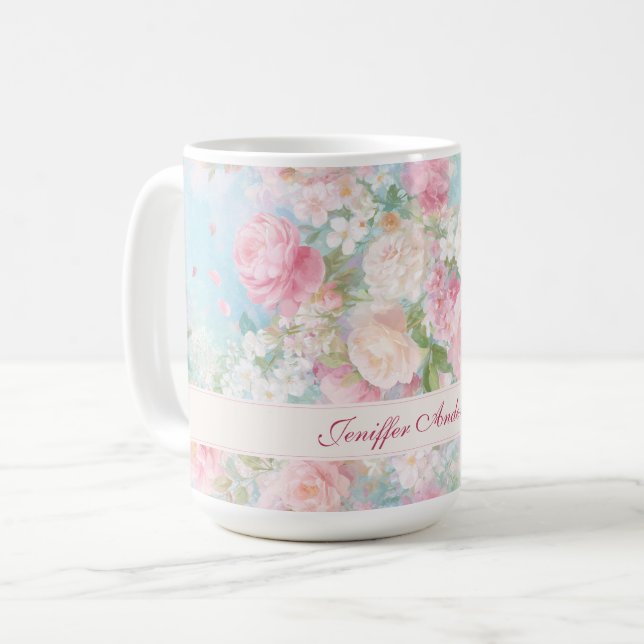 Floral Pink & White Roses with Custom Name Kaffemugg (Framsida vänster)