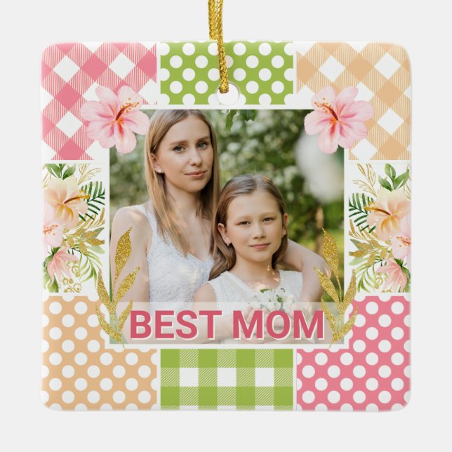 Floral & Plaid Photo Frame Mother's Day Julgransprydnad Keramik (Framsida)