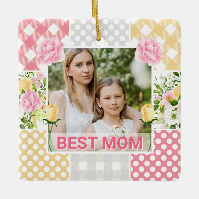 Floral & Plaid Photo Frame Mother's Day Julgransprydnad Keramik (Framsida)