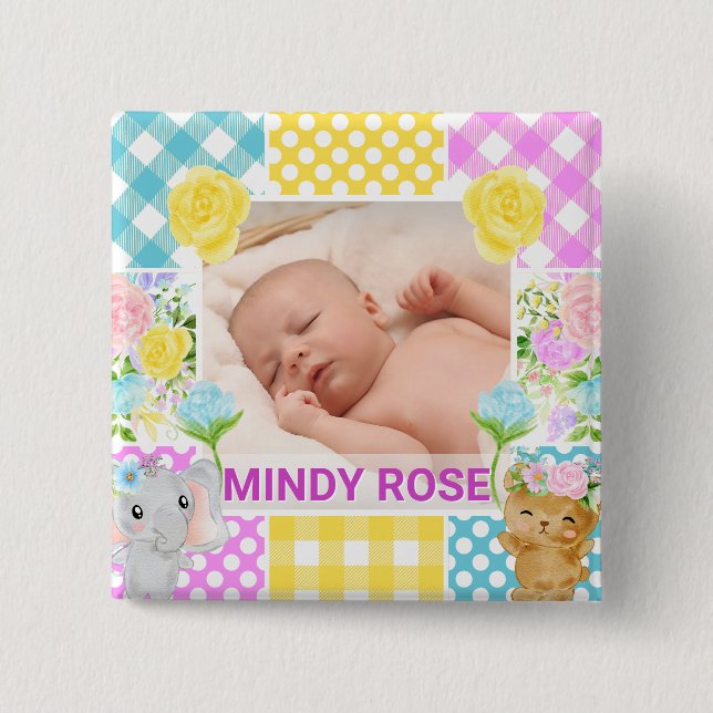 Floral & Plaid Photo Frame Newborn Baby Knapp (Framsida)