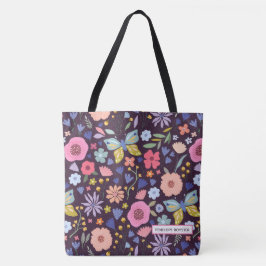 Floral & Plum Name Tote Bag Tygkasse