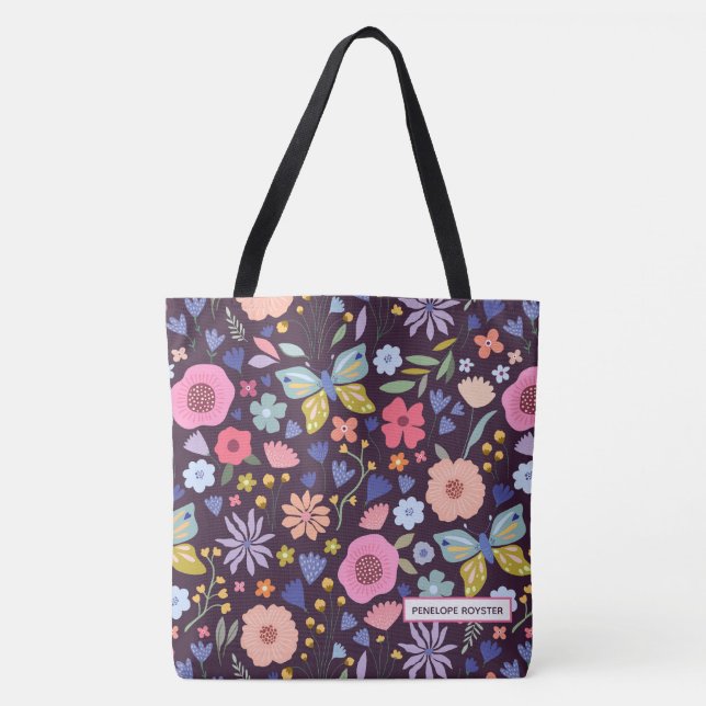 Floral & Plum Name Tote Bag Tygkasse (Framsida)