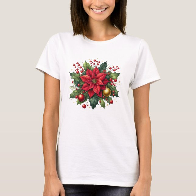 Floral Poinsettia Christmas – Festive Holiday T Shirt (Framsida)