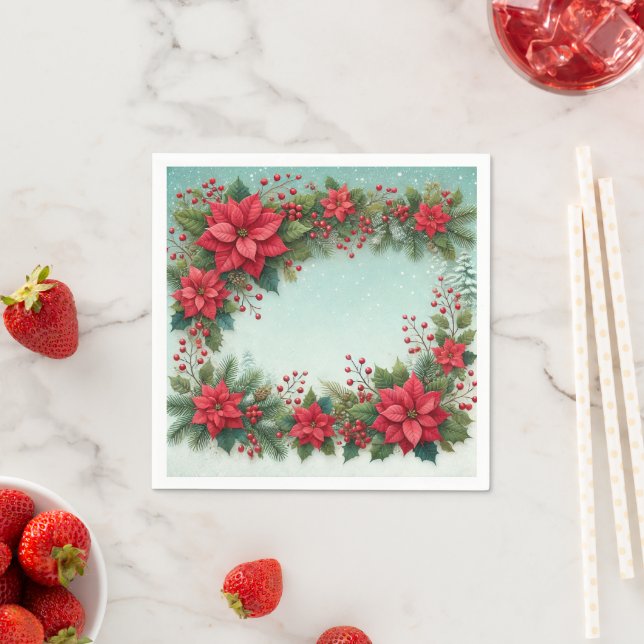 Floral Poinsettia Frosty Pine Border Découpage Pappersservett (Insitu)