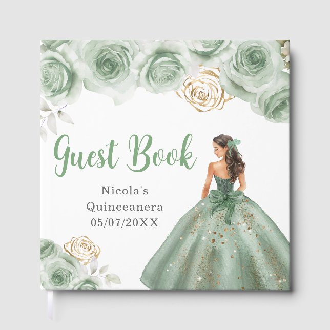 Floral Princess in a Sage Green Dress Quinceanera Gästböcker (Framsida)