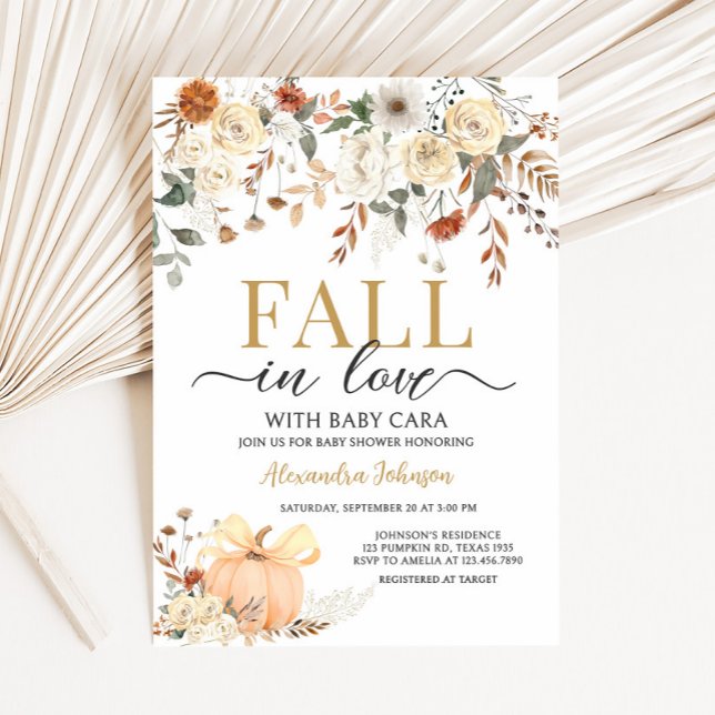 Floral Pumpkin Fall in Love Baby Shower Inbjudningar (Fall in Love Floral Pumpkin Baby Shower Invitation)