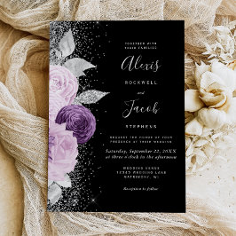 Floral Purple Silver Glitter Black Wedding Inbjudningar