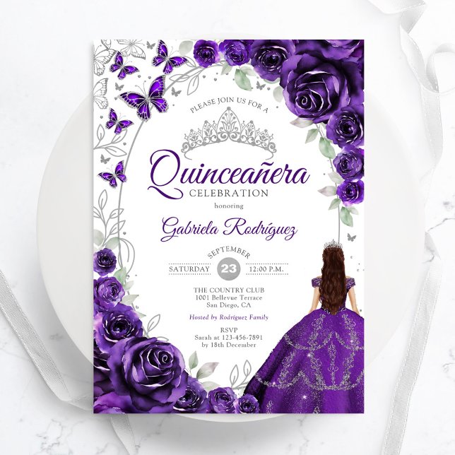 Floral Purple Silver Quinceanera Inbjudningar (Skapare uppladdad)