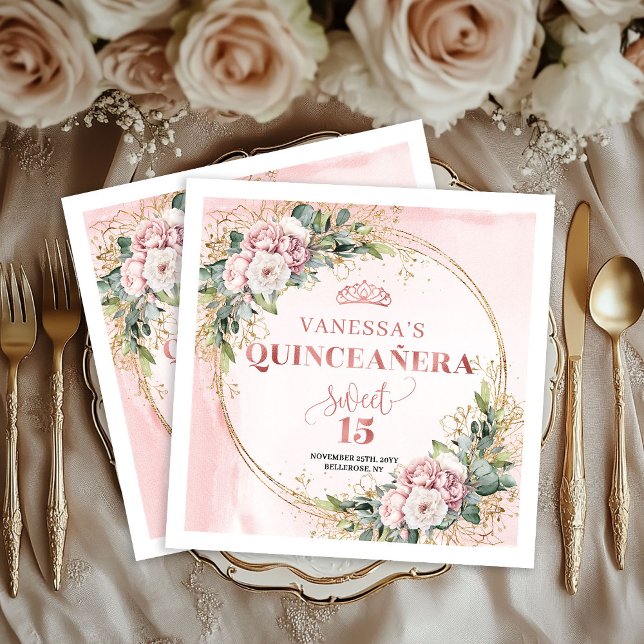 Floral Quinceañera Napkins in Dusty Pink and Gold Pappersservett (Floral Quinceañera Napkins in Dusty Pink and Gold)