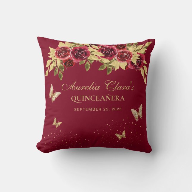 Floral Red Gold Tiara Butterfly Quinceanera Kudde (Framsida)