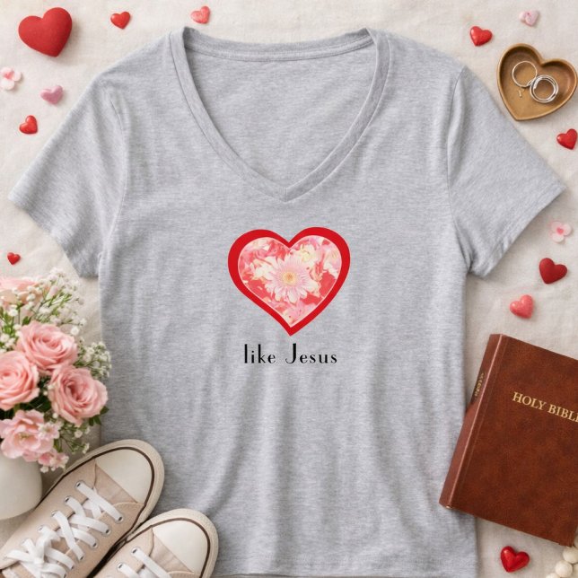 Floral Red Heart Love Like Jesus Christian Shirt  T Shirt (Love Like Jesus Valentine Theme Christian Women's Shirt)