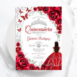 Floral Red Silver Quinceanera Inbjudningar<br><div class="desc">Red silver and white floral Quinceanera celebration invitation. Features brunette girl in ball gown dress,  script font,  silver butterflies,  watercolor roses and tiara. Perfect for an elegant princess style glam celebration. Personalize with your own details. Printed Zazzle invitations or instant download digital printable template.</div>