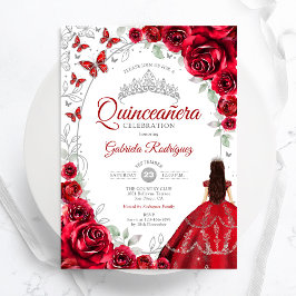 Floral Red Silver Quinceanera Inbjudningar