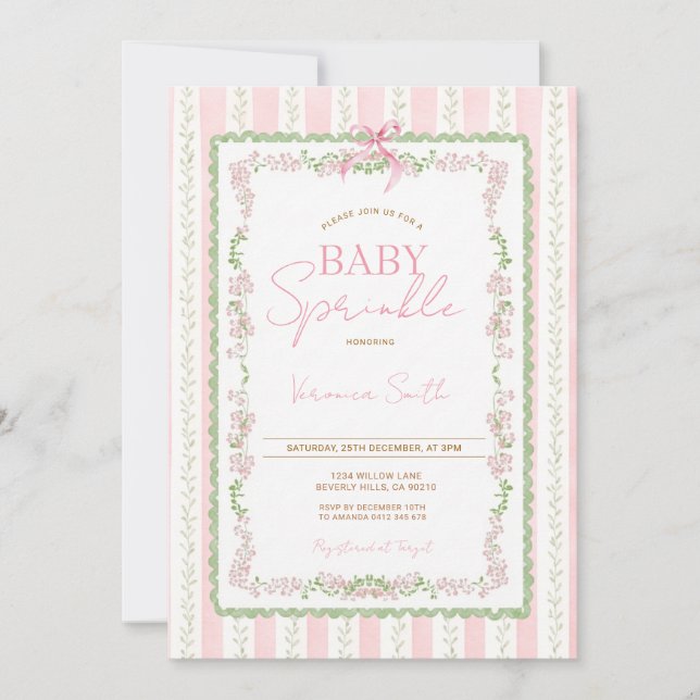 Floral Ribbon Pink Baby Sprinkle Invitation Inbjudningar (Framsida)