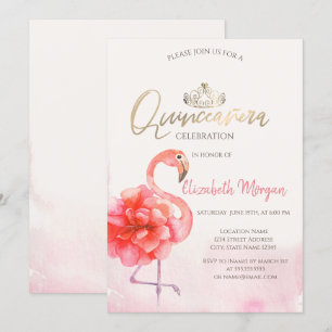 Floral rosa flamingos guld tiara Quinceañera Inbjudningar