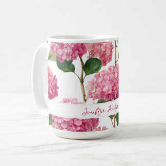 Floral Rosa Hydrangea med Anpassat Namn Kaffemugg