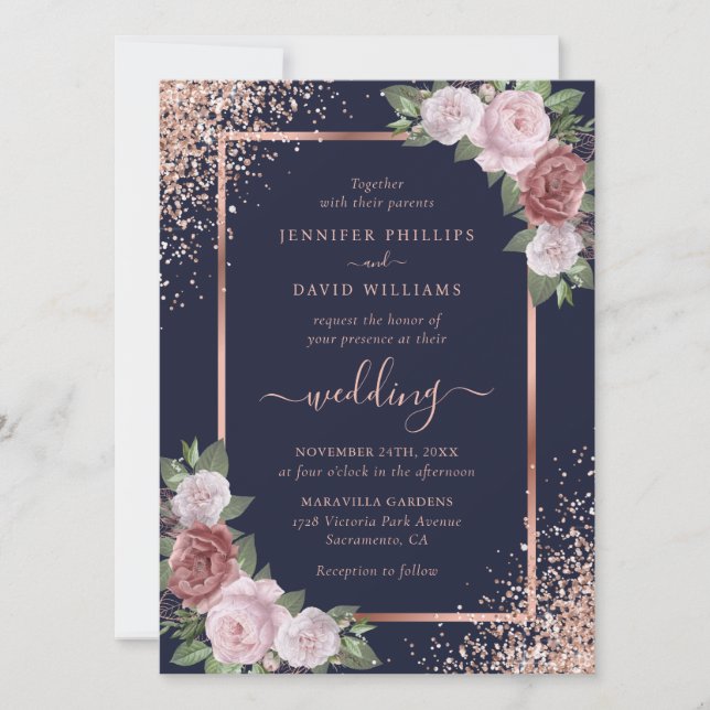 Floral Rose Gold Navy Blue Blush Pink Wedding Inbjudningar (Framsida)