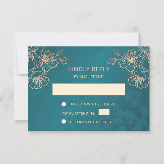 Floral Rose Gold Teal Wedding RSVP OSA Kort (Framsida)