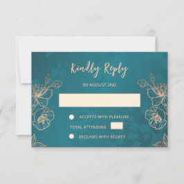 Floral Rose Gold Teal Wedding RSVP OSA Kort