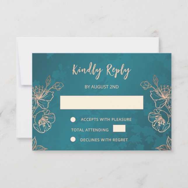 Floral Rose Gold Teal Wedding RSVP OSA Kort (Framsida)