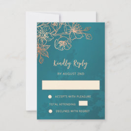 Floral Rose Gold Teal Wedding RSVP OSA Kort