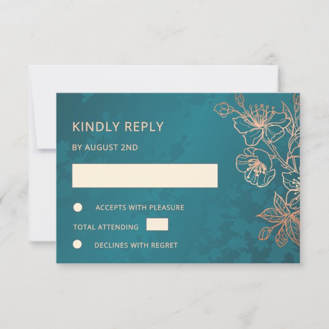 Floral Rose Gold Teal Wedding RSVP OSA Kort (Framsida)