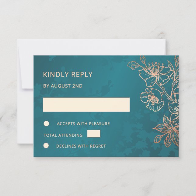 Floral Rose Gold Teal Wedding RSVP OSA Kort (Framsida)