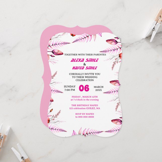 Floral Rose Wedding Invitation: Blush Pink Inbjudningar (Fram/Back In Situ)