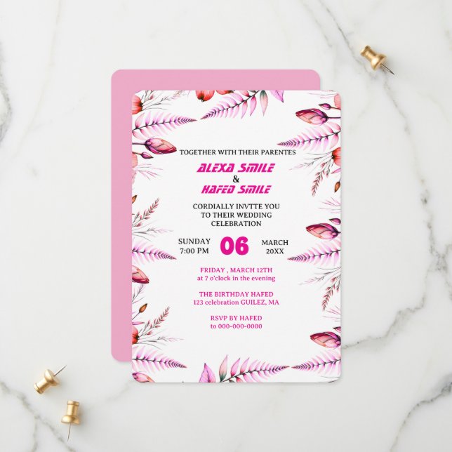Floral Rose Wedding Invitation: Blush Pink Spara Datumet (Fram/Back In Situ)
