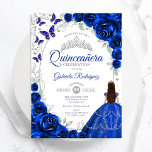 Floral Royal Blue Silver Quinceanera Inbjudningar<br><div class="desc">Royal blue silver and white floral Quinceanera celebration invitation. Features brunette girl in ball gown dress,  script font,  silver butterflies,  watercolor roses and tiara. Perfect for an elegant princess style glam celebration. Personalize with your own details. Printed Zazzle invitations or instant download digital printable template.</div>