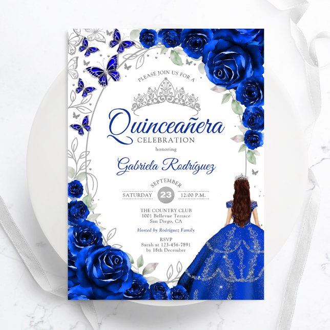 Floral Royal Blue Silver Quinceanera Inbjudningar (Skapare uppladdad)