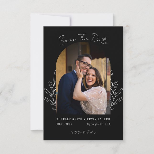 Floral Rustic Arch Photo Black Wedding Monogram Spara Datumet (Framsida)