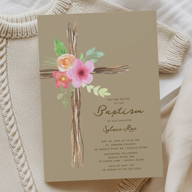 Floral Rustic Cross Baptism Invitation Inbjudningar (Skapare uppladdad)