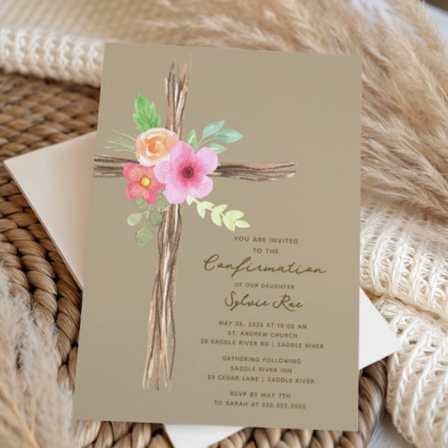 Floral Rustic Cross Confirmation Invitation Inbjudningar (Skapare uppladdad)