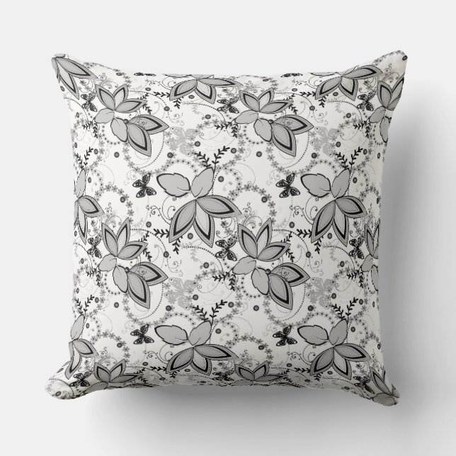 Floral rustic pattern retro black and white  kudde (Framsida)