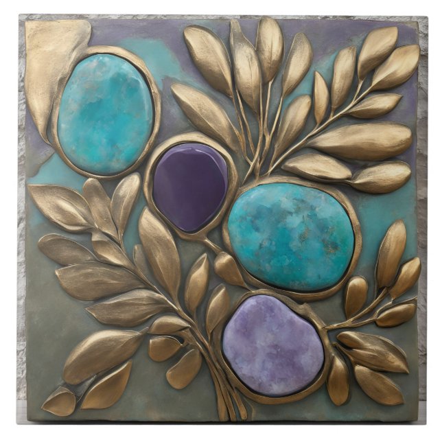 Floral Sculpture in Turquoise, Gold and purple Kakelplatta (Framsidan)
