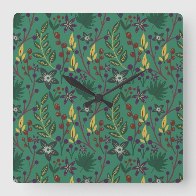Floral seamless pattern flowers green background fyrkantig klocka (Framsida)