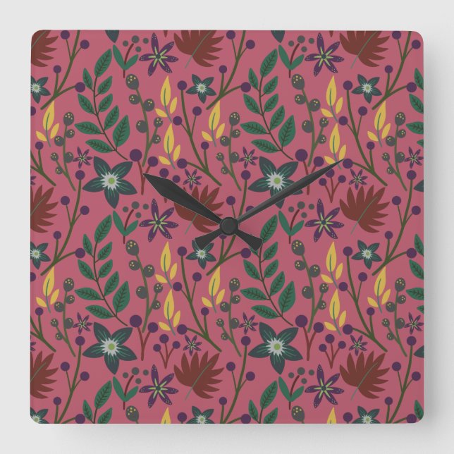 Floral seamless pattern pink flowers leaves branch fyrkantig klocka (Framsida)