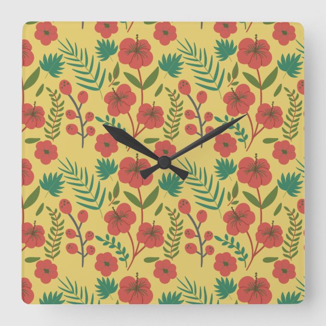 Floral seamless pattern red yellow green flowers fyrkantig klocka (Framsida)